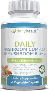 Daily Health 10 Mushroom Complex 60 קפסולות Cordyceps, Reishi, Shiitake, Lions Mane, Maitake, טורקיה Tail, Chaga, Agaricus, White Button, Black Fungus, Friendly (1 חודש אספקה)