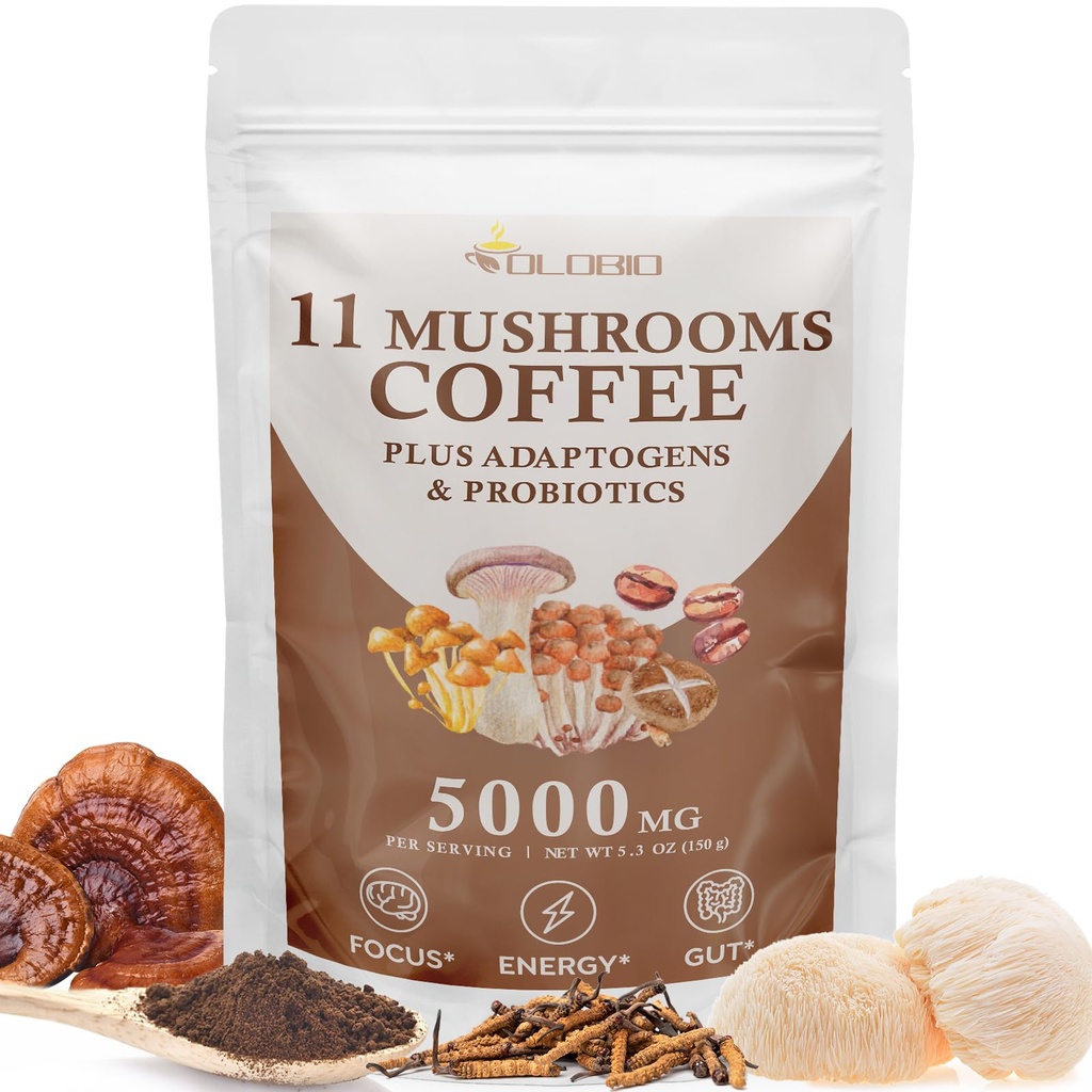 Mushroom קפה, 11 אורגני Mushrooms Plus Fitogens & Probiotics, עם אריה מאן, Chaga, Reishi, Cordyceps Complex, קפה מיידי להתמקד, אנרגיה, Gut, העיכול, Immunity - 5.3ozozozozs Complex, Immunity - 5.3ozozozozozozozozity