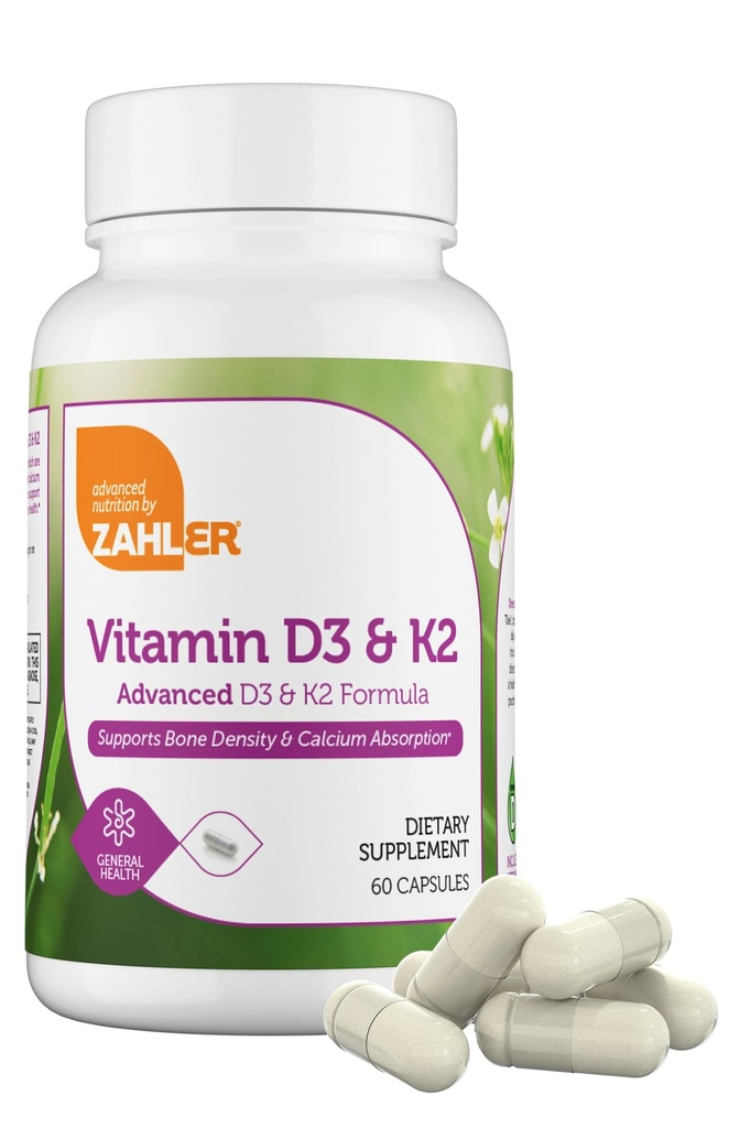 Zahler ויטמין D3 5000 IU K2 - ויטמין D3 K2 פורמולה - עצם Density & Calcium Absorption - ח"כ וטרינרי K2 D3 ויטמין K2 D3 - תוסף VIT D3 K2, ויטמין D2 (60 קפסולות)
