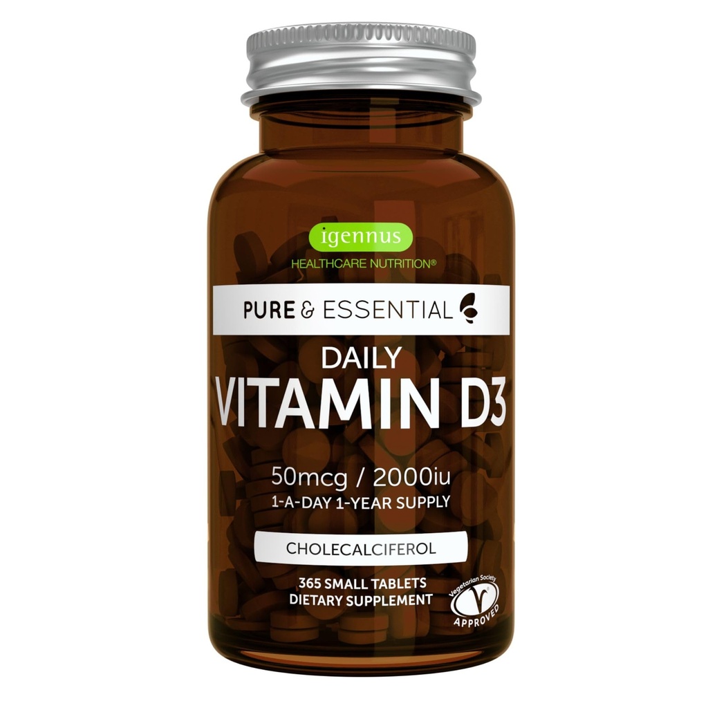 Igennus Daily ויטמין D3 2000o, 50 mcg, תווית נקייה, 365 טבליות קטנות, אספקת שנה אחת, תוסף Vegetarian Cholecalciferol ויטמין D
