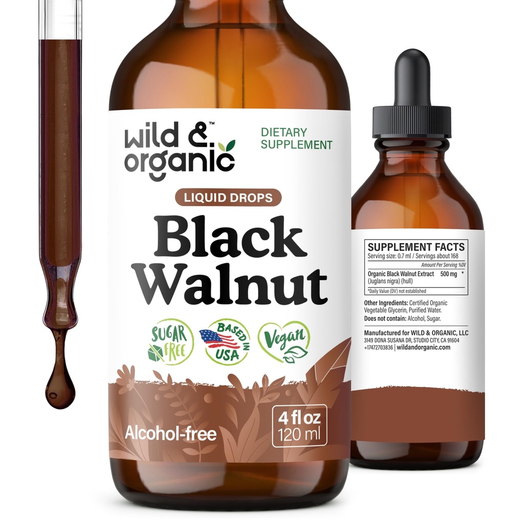 Wild & Organic Black Walnut Tincture - Detoxse w / Black Walnut Hull Extract - תוסף צמחי ל- Gut ניקויse Detox and Digestive Well-Being - טבעוני, סוכר ואלכוהול חינם - 4 oz oz