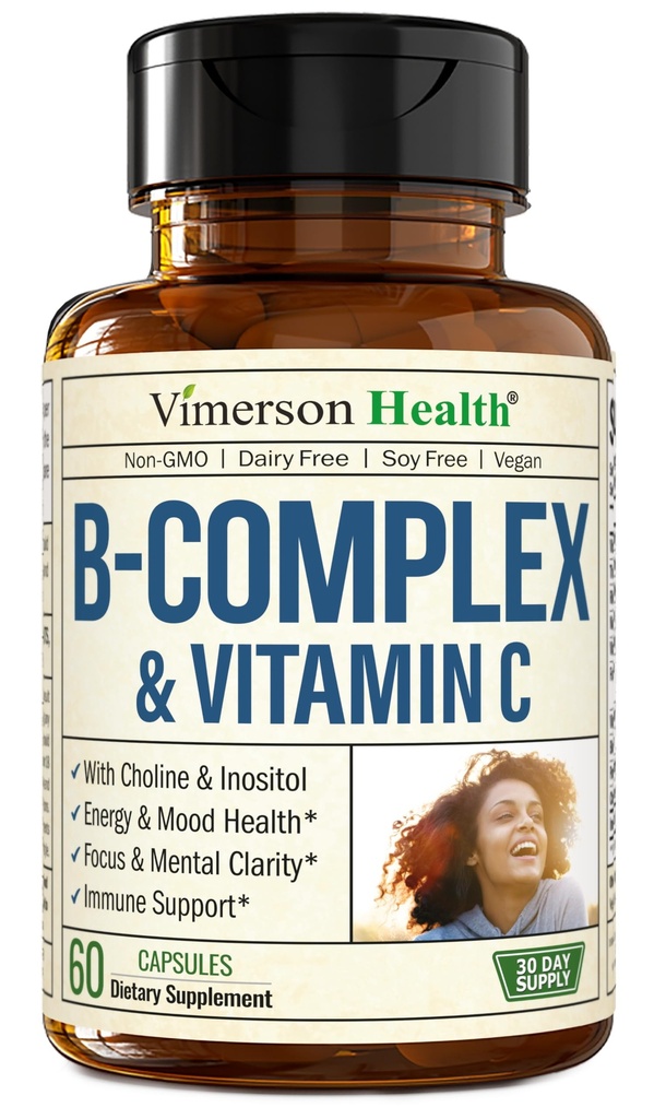 ויטמין B מורכב עם VIT C & Folic Acid (Folate) - 8 ויטמין B: B1, B2, B3, B5, B6, B7, ויטמין B12 + Biotin, Choline & Inositol. מסייעות Mood, אנרגיה, מערכת העצבים & Immune Support