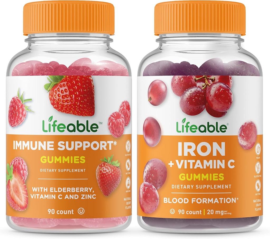 Immune Support + ברזל עם ויטמין C, חניכיים בונדלה - גדול Tasting, ויטמין תוסף, Gluten חינם, GMO חינם, Chewable