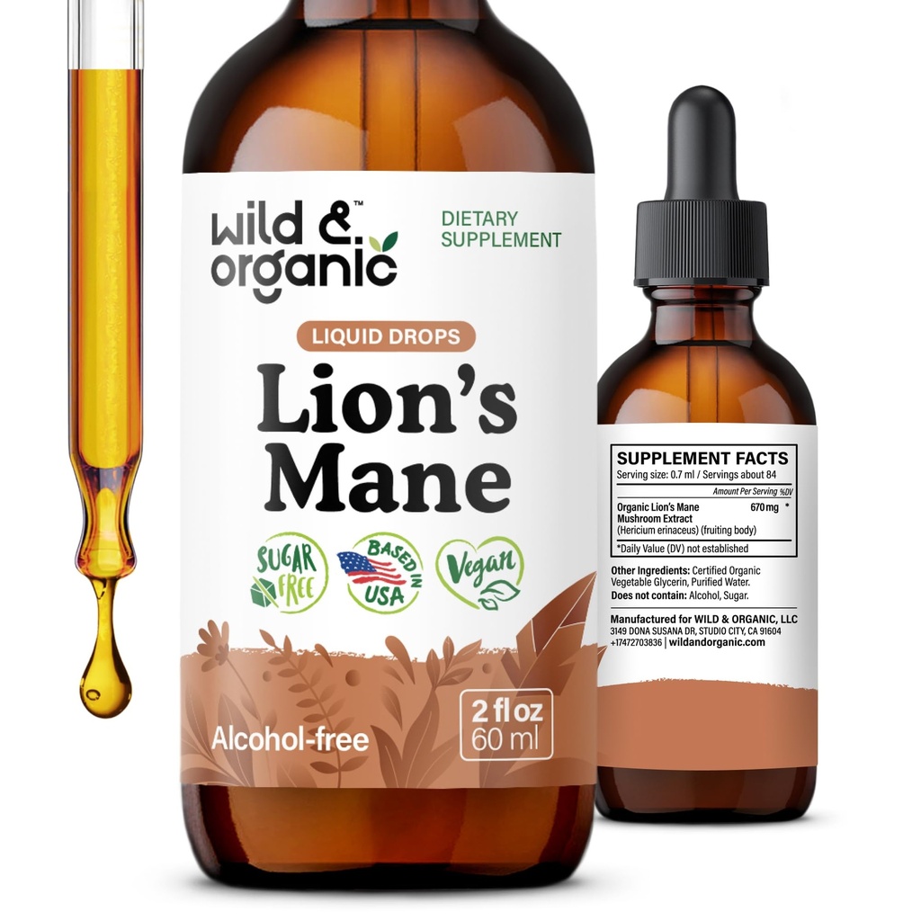 Wild & Organic Lions Mane Liquid Drops - Focus & Brain Support - Lions Mane תוסף - Hericium Erinaceus Mushroom לחלץ Tincture - טבעוני, אלכוהול & סוכר חינם - 2 fl oz