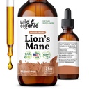 Wild & Organic Lions Mane Liquid Drops - Focus & Brain Support - Lions Mane תוסף - Hericium Erinaceus Mushroom לחלץ Tincture - טבעוני, אלכוהול & סוכר חינם - 2 fl oz