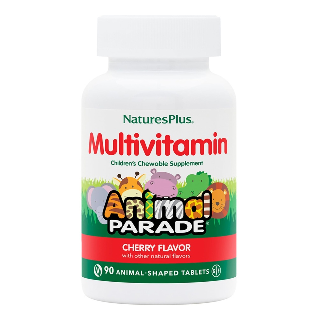 Natures Plus Animal Parade Multivitamin Children's Chewables - Cherry Flavor - 90 Animal-Shaped Tablet - מקדם בריאות ו- Well-Being - Vegetarian, Gluten Free - 45 משרתים