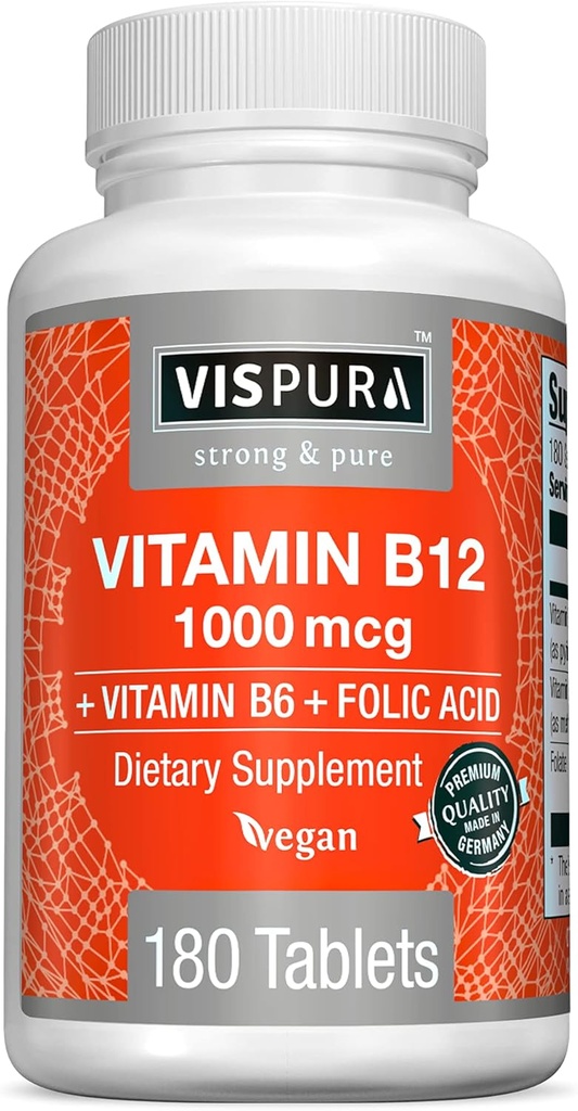 VISPURA Vitamin B12 1000 mcg Methylcobalamin + B6/Folic Acid, 180 Vegan Tablets, Best Supplement to Increase Energy, Enhance Mood, Sharpen Focus*, Organic Supplement