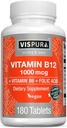 VISPURA ויטמין B12 1000 mcg Methyleobalamin + B6/Folic Acid, 180 טבליות טבעוניות, תוסף הטוב ביותר כדי להגדיל את האנרגיה, לשפר את Mood, Sharpen Focus *, אורגני תוספת תוספת תוספת תוספת תוספת תוספי תוספי מזון