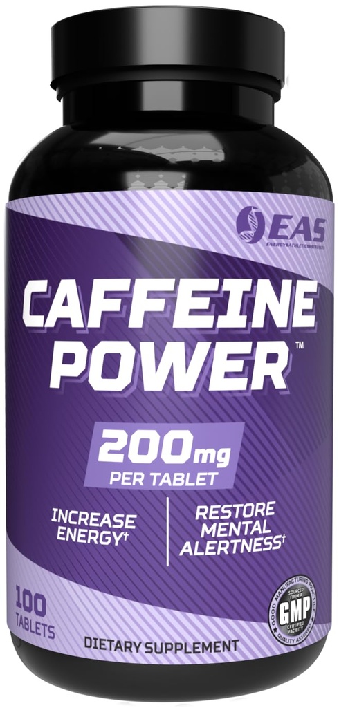 EAS Caffeine Power 200 מ"ג | Caffeine Pills תוספת | הגדלת אנרגיה ומשחזרת התראה נפשית | Gluten Free, non GMO, Vegetarian Friendly | 100 Tablets