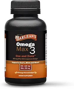 אומגה האידיאלית של Barlean Max 3 Fish שמן תוספי מזון, 1000 מ"ג Softgels, EPA ו DHA Fatty Acid Pills לגברים ונשים, Orange Flavor, 60 Count