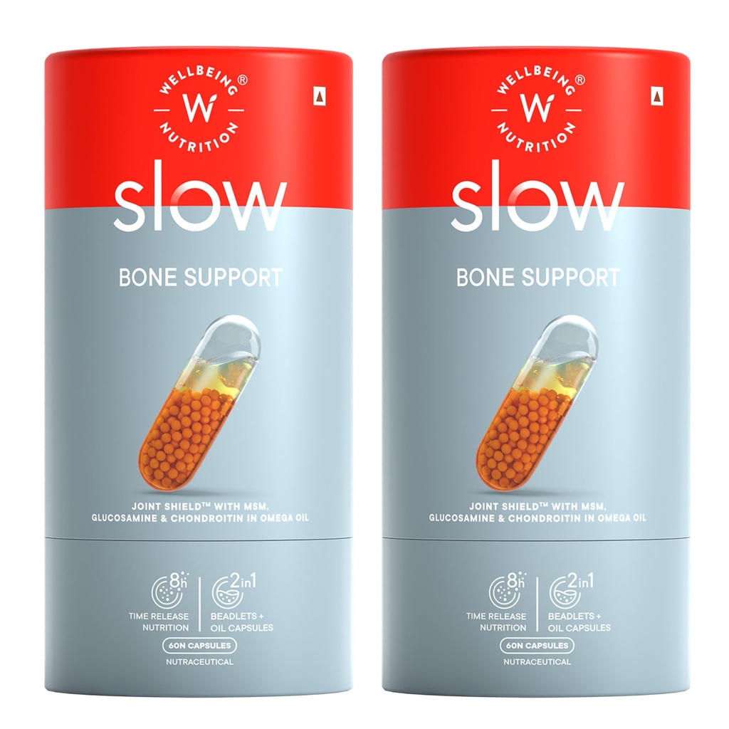 Wellbeing Nutrition Slow Bone & Joint Support Capsule for Men and Women | Bone & Joint Vitamin Supplement | Glucosamine, Chondroitin, MSM, Calcium | For joint mobility & bone strength 60 Capsules Pack of 2