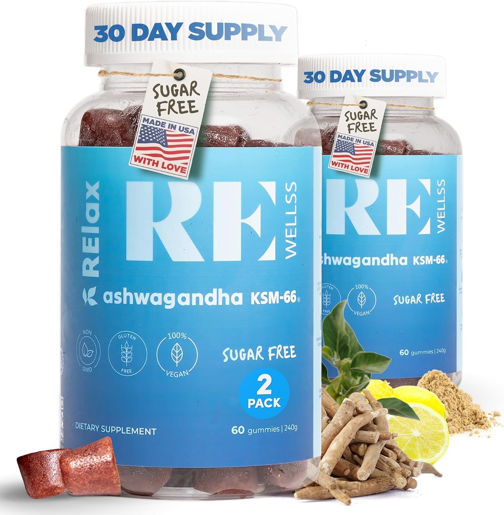 Ashwagandha & ויטמין D Gummies | תוספי תזונה | KSM 66 Ashwagandha for Stress Support 300mg | L-theanine לימון Balm | Herbal non-GMO Sugar Freeten & Gelatin חינם | 2 Pack