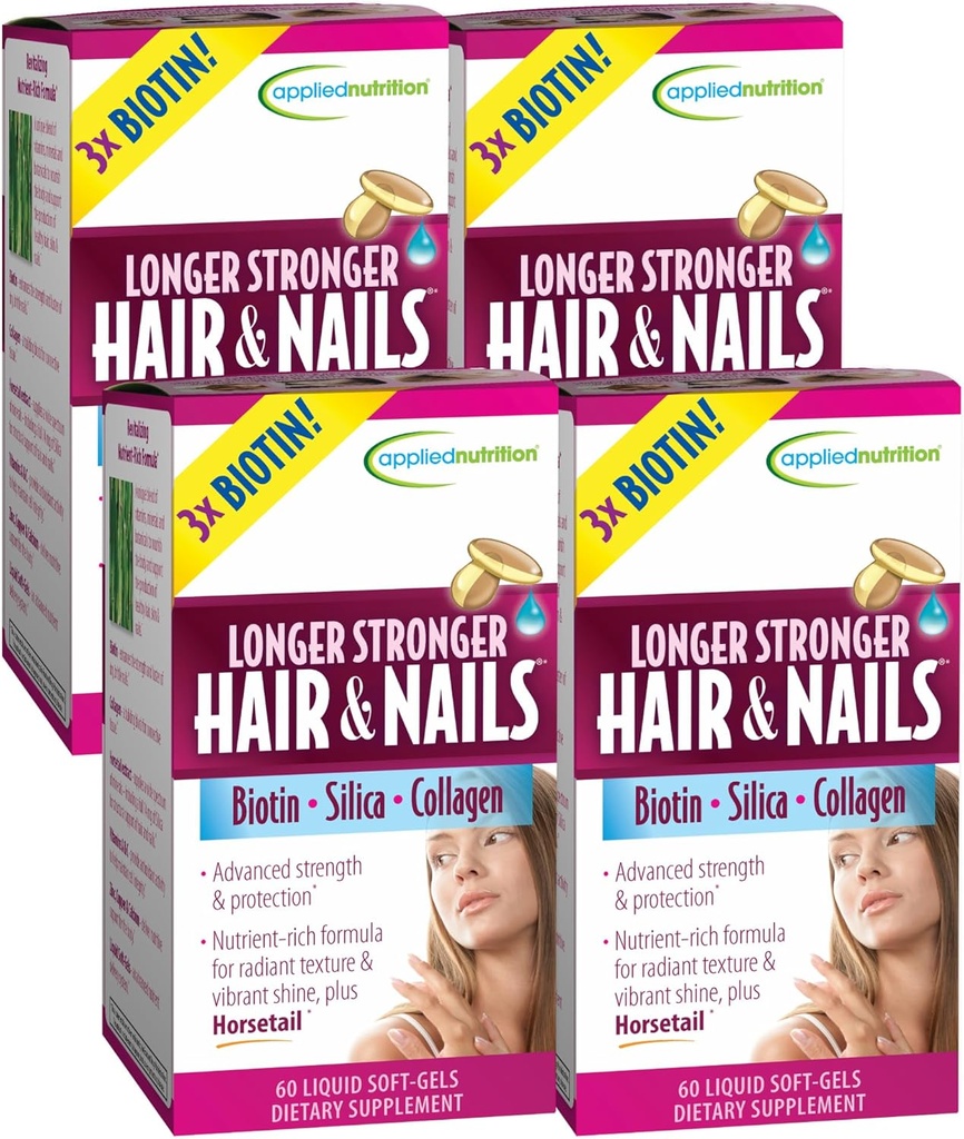Applied Nutrition Longer Stronger Hair & Nails - 60 נוזל Soft-Gels, Pack of 4 - Biotin, Silica & Collagen - 120 משרתים