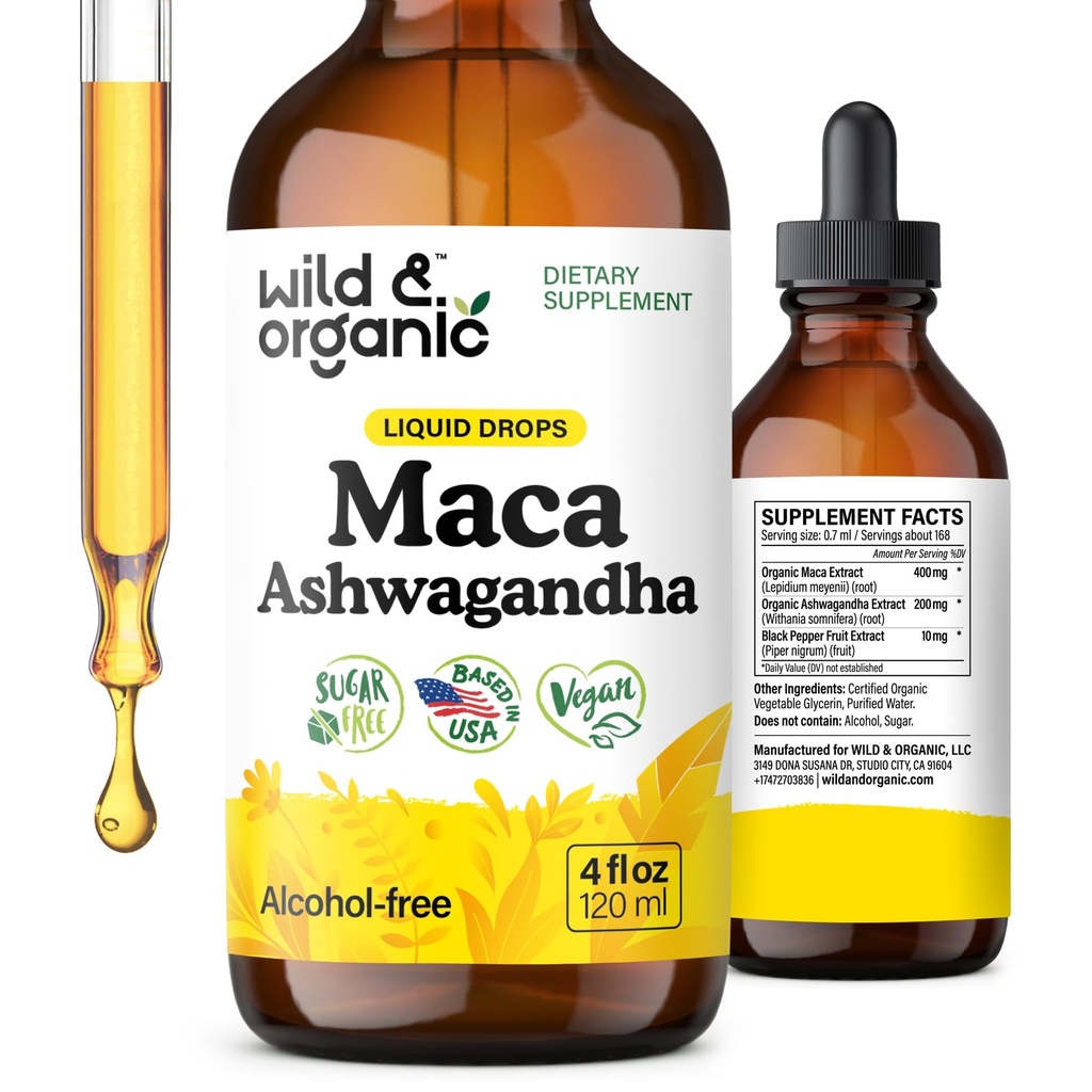 Wild & Organic Maca Root Ashwagandha טיפות עבור גברים ונשים - נוזל Maca Ashwagandha תוספת לתמיכה הכוללת - פרואני לחלץ Tincture - טבעוני, סוכר ואלכוהול חינם - 4 oz oz oz