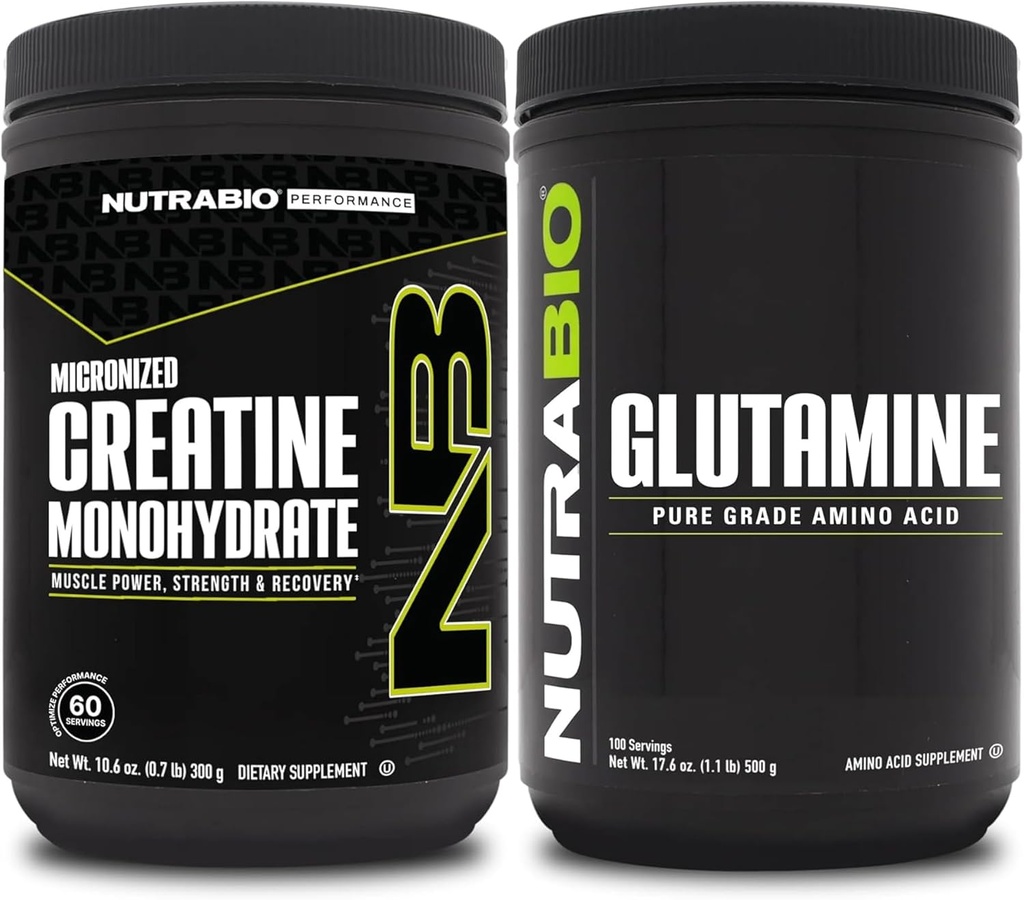NutraBio Creatine Monohydrate תוסף, Unflavored, (300g) ו- L-Glutamine אבקה (500g) - תוספת עבודה בונדלס תומכת אנרגיה שרירים, התאוששות וכוח