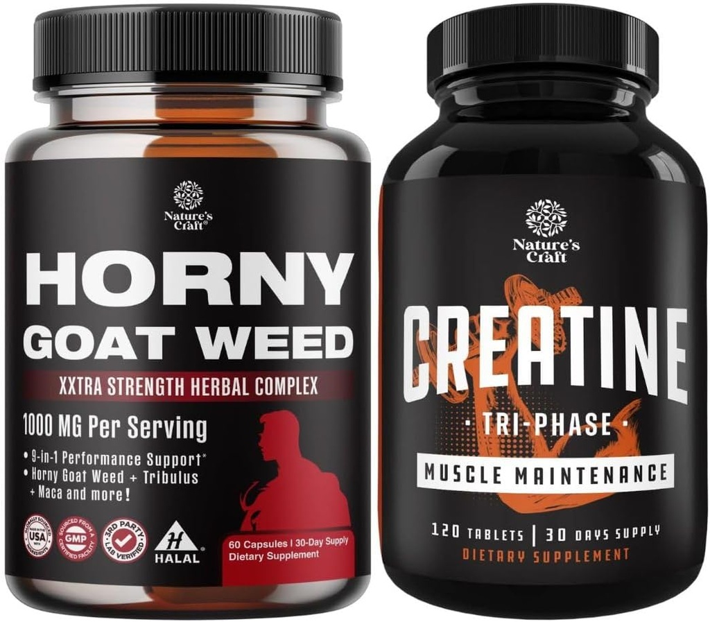 Bundle of Hory Goat Weed Extract Complex for Men and Women Enhanced Energy and Stamina ו- High Power Tri Phase Creatine Pills - תוסף שרירים אופטימי עבור גברים ונשים
