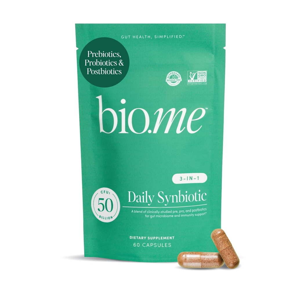 Synbioticin-1 Prebiotics, Probiotics & Postbiotics for Digestive Health, Gut Health, Immune Support and Bloating Relief for Men & Women - 50 מיליארד CFU Per Serve - טבעוני, 60 קפסולות (30 משרתים)