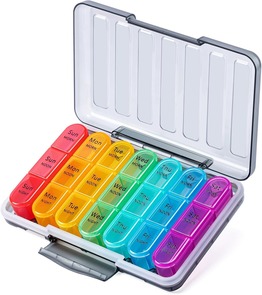 Odaro Pill מארגנת 3 פעמים ביום - Portable Weekly Medicine Box עם 7 Containers נפרדים, Travel 7 Day Pill Box