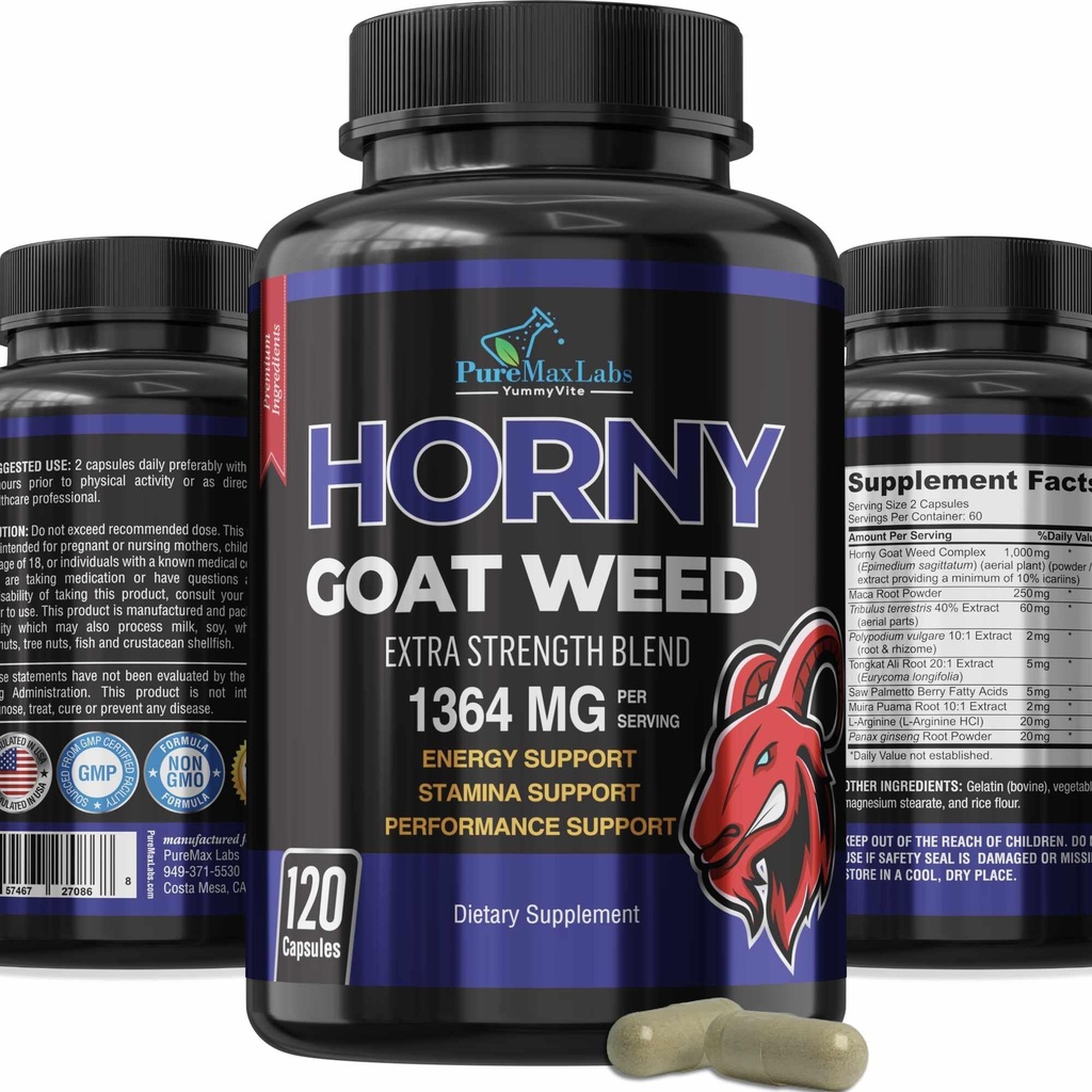 Hory Goat Weed תוספת כוח -120 קפסולות w. Maca, L-Arginine, גיינסנג - Boost Desire, Performance, Stamina, Energy, non-GMO Formula, 120 קפסולות