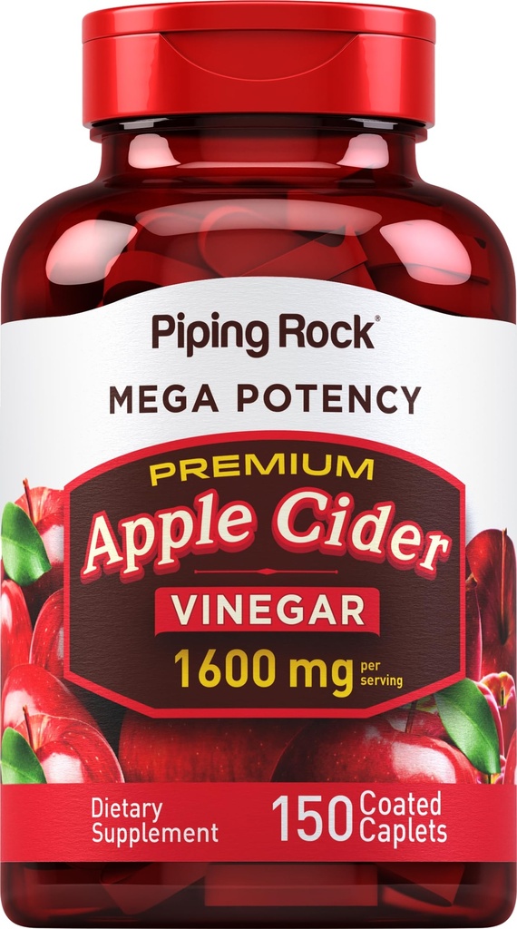 Piping Rock Apple Cider Vinegar Kaplets | 1600 מ"ג | 150 Pills | High Potency | תוספת כוח ACV תוסף | Vegetarian, non-GMO, Gluten Free
