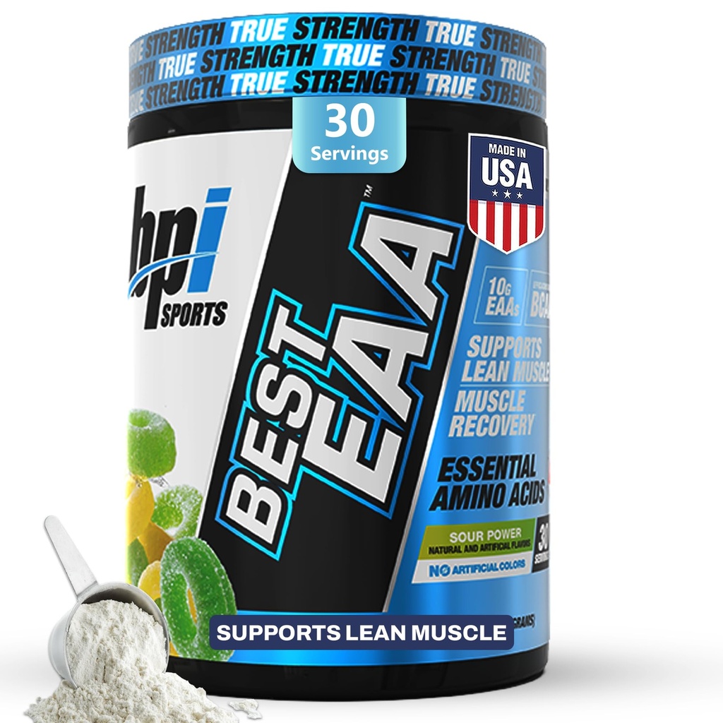 אבקת BPI Sports Essential Amino Acids EAA - טרום, Intra & Post Workout drink - אבקת BCAA עבור גברים ונשים, EAA + BCAA + הידרה. נוסחה מתקדמת עם 10g של EAA. (Sour Power)