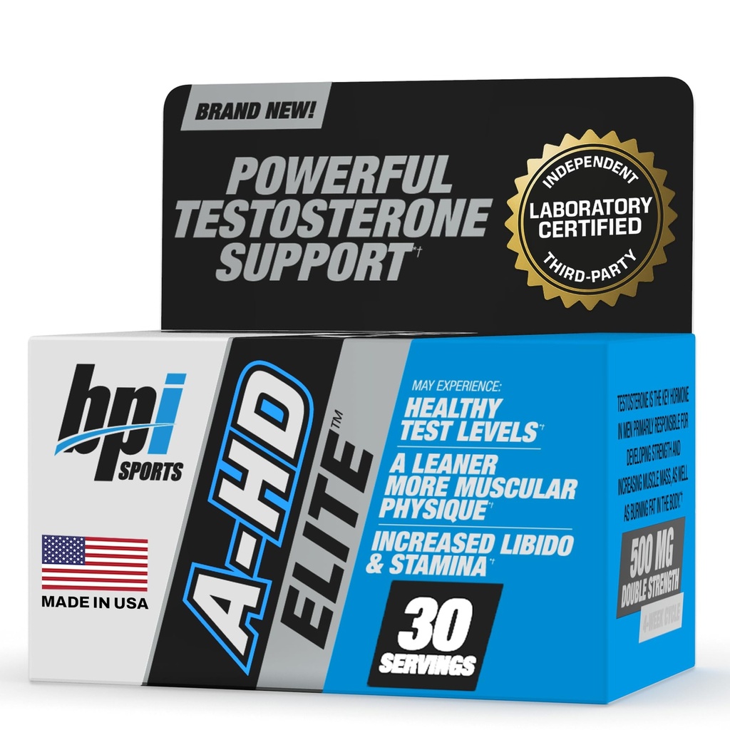 BPI Sports A-HD Elite - טסטוסטרון Powerful Booster for Stamina, כוח, תמיכה מינית - תומך שריר, Libido & Metabolism - תוסף טסטוסטרון טבעי - 30 משרתות - 500 מ"ג