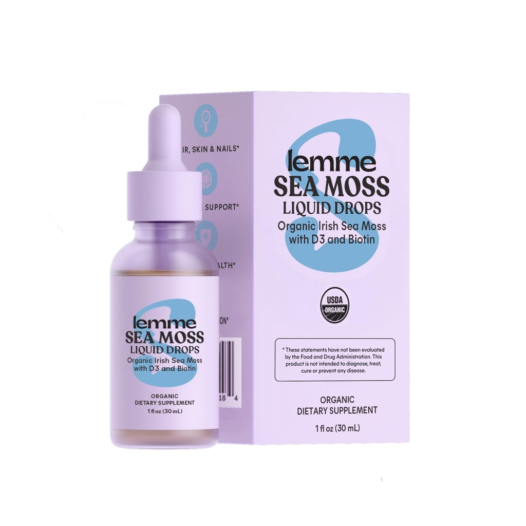 Lemme Irish Sea Moss אורגני טיפות עם ויטמין D3 ו- Biotin לתמיכה מינרלי Trace, Immunity, Hair, Skin & Nails, Brain Health - Gluten & Sugar Free, Non GMO, 1 oz, 30 משרתים