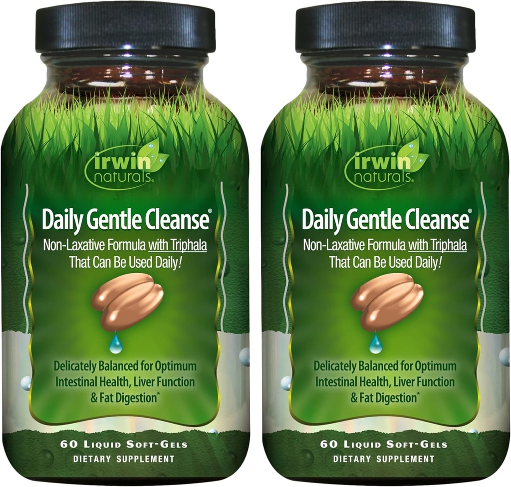 Irwin Naturals Daily Gentle Cleanse - 60 נוזל Soft-Gels, Pack of 2 - Non-Laxative Formula with Triphala