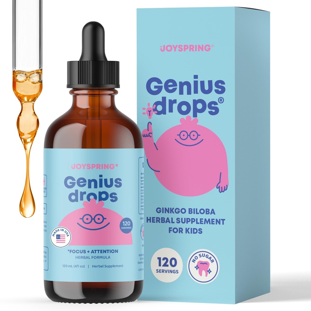 JoySpring Genius Drops - Pure Focus טיפות לילדים | תוספת פרובאנס קליני מסייע לילדים לבצע טוב יותר בבית הספר | תוספת צמחית נוזלית עם גינקו בילובה (4 floz) 120 משרתות