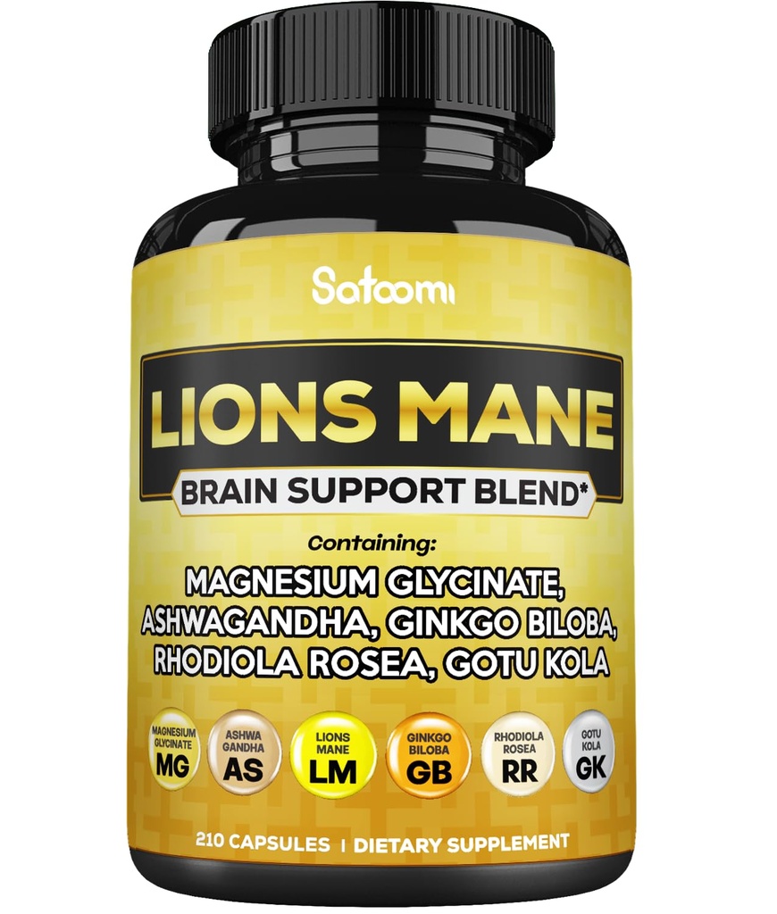 Lions Mane תוספת קפסולות עם Magnesium עם Ashwgandha Root, גינקו Biloba, Rhodiola Rosea ו Gotu Kola - 210 קפסולות טבעוניות - תמיכה בריאות המוח, חיובי Mood & ייצור אנרגיה