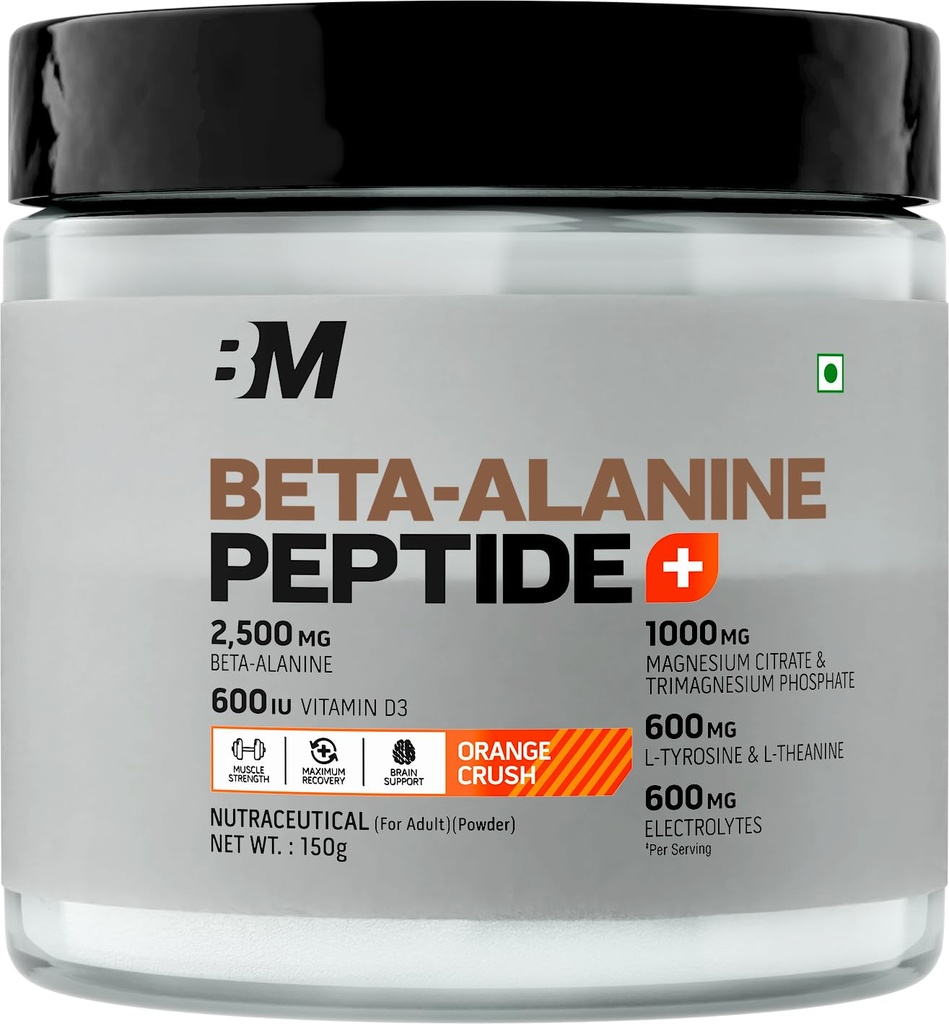 Bigmuscles Nutrition Beta-Alanine + Peptides [150g, Orange Crush] | Beta Alanine Powder with Superior Grade Magnesium, Electrolytes, Tyrosine & Vitamin D3