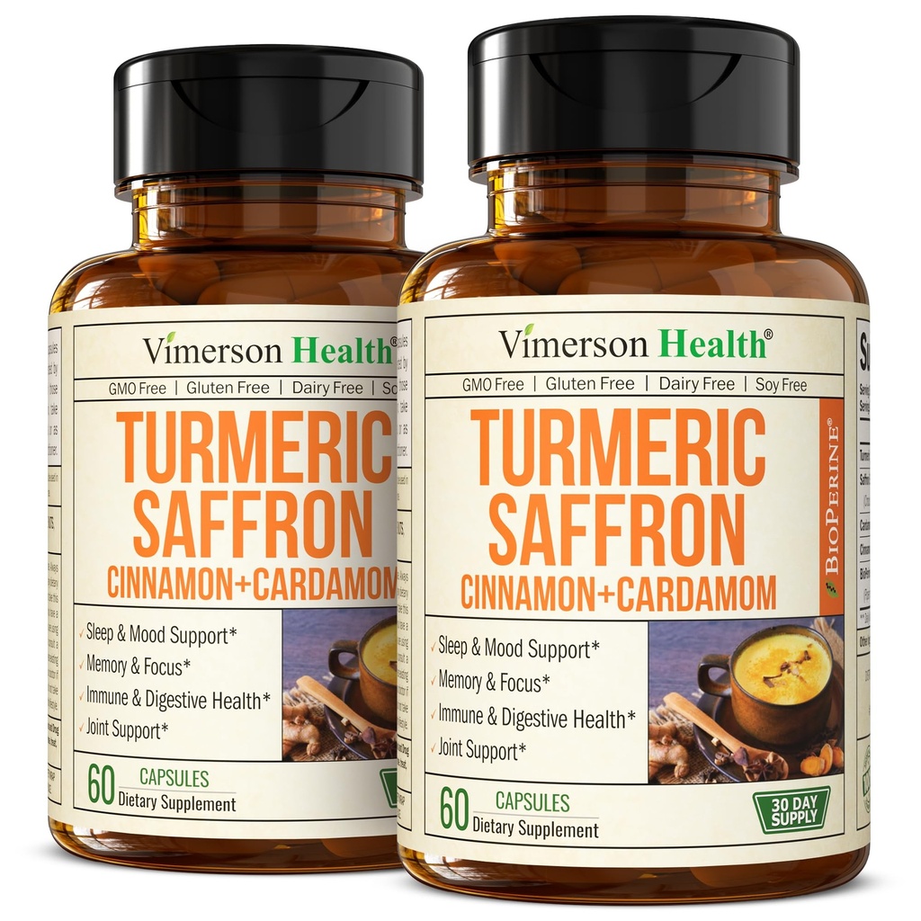 תוספי Saffron - 89mg Saffron לחלץ ו 1000 מ"ג Tumeric בלגן - תוסף Turmeric עם Ceylon Cinnamon ו Cardamom עבור Mood, Memory & Eye Health - תוספים משותפים לנשים וגברים - 2 Pack