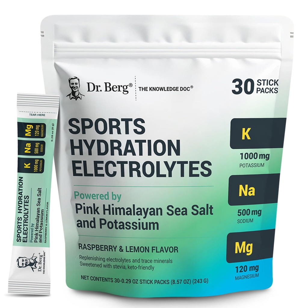 Dr. Berg Sports hydrotion פוליטס אבקת w / More Salt (Pink ההימלאיה) - 30 Keto Electrolytes אבקת Packets w/a Delicious Salty Raspberry & Lemon Flavor - כולל 1,000 מ"ג של Potassium