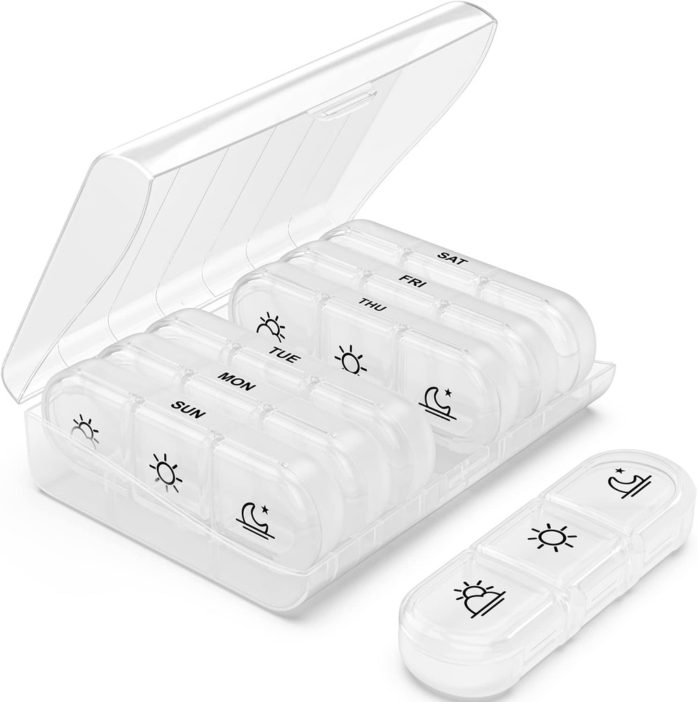 PULIV שבועי גלולות מארגנת 3 פעמים ביום, Portable Travel Pill Box 7 Day with Large Contain Pillers, Light-Proof Pill Case for ויטמינים, תרופות, תוספים ושמן דגים (לבן)