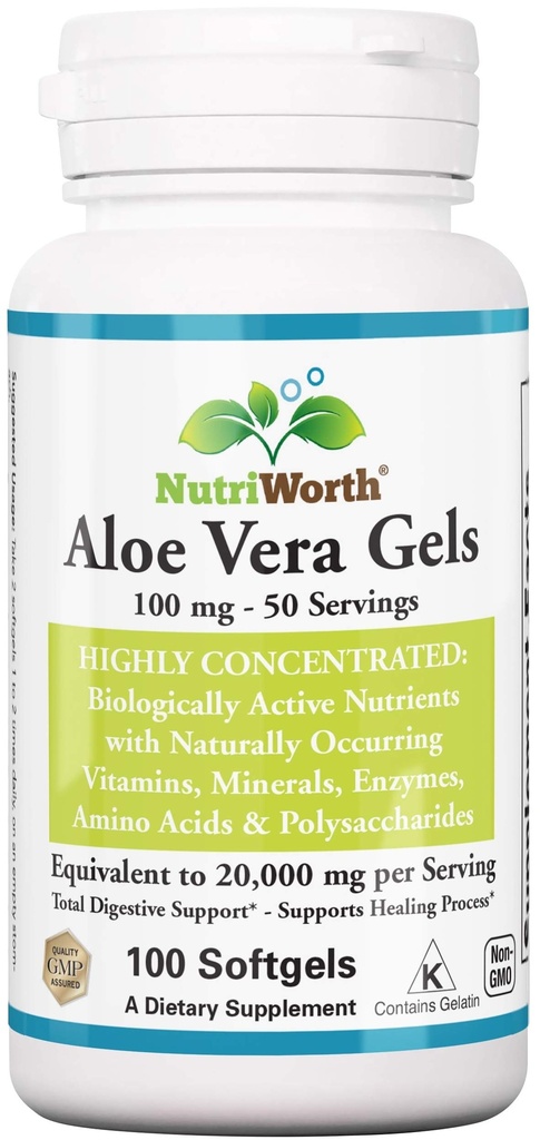 תוסף Aloe Vera (100 Softgels) 20,000mg Pure Gel Equivalency - Made with Organic Aloe Vera