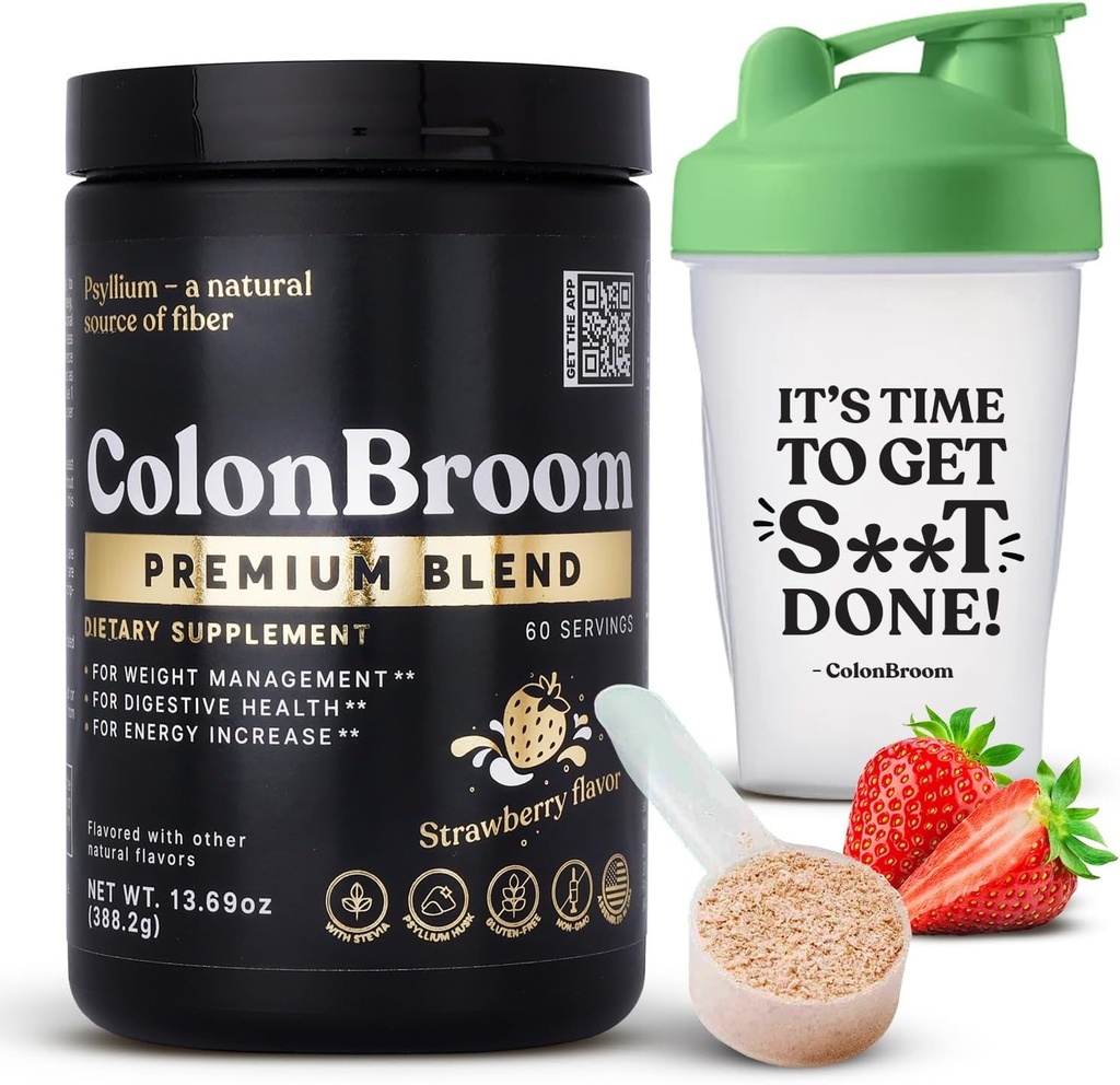 קולוןBroom Premium Psyllium Husk אבקת (Strawberry, 60 משרתים) + Shakerבק עבור אבקת Broom סיבים לשתות Bundle - ניקוי קולוני עבור Bloating Relief & Gut בריאות - אבקת סיבים תוספת תוסף