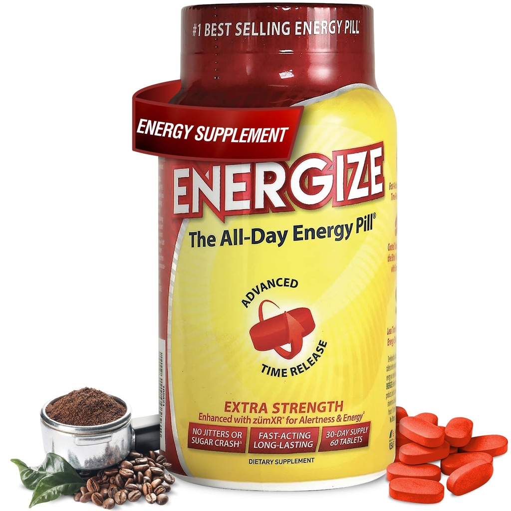גלולות אנרגיה נוספות לחוזק קפאין, Fast Acting Long-Lasting Energy Pill with Extended Time Release Caffeine, שיפור קלרנס ואנרגיה תמיכה לגברים ונשים, No Jitters, No Crash (60 טבליות)