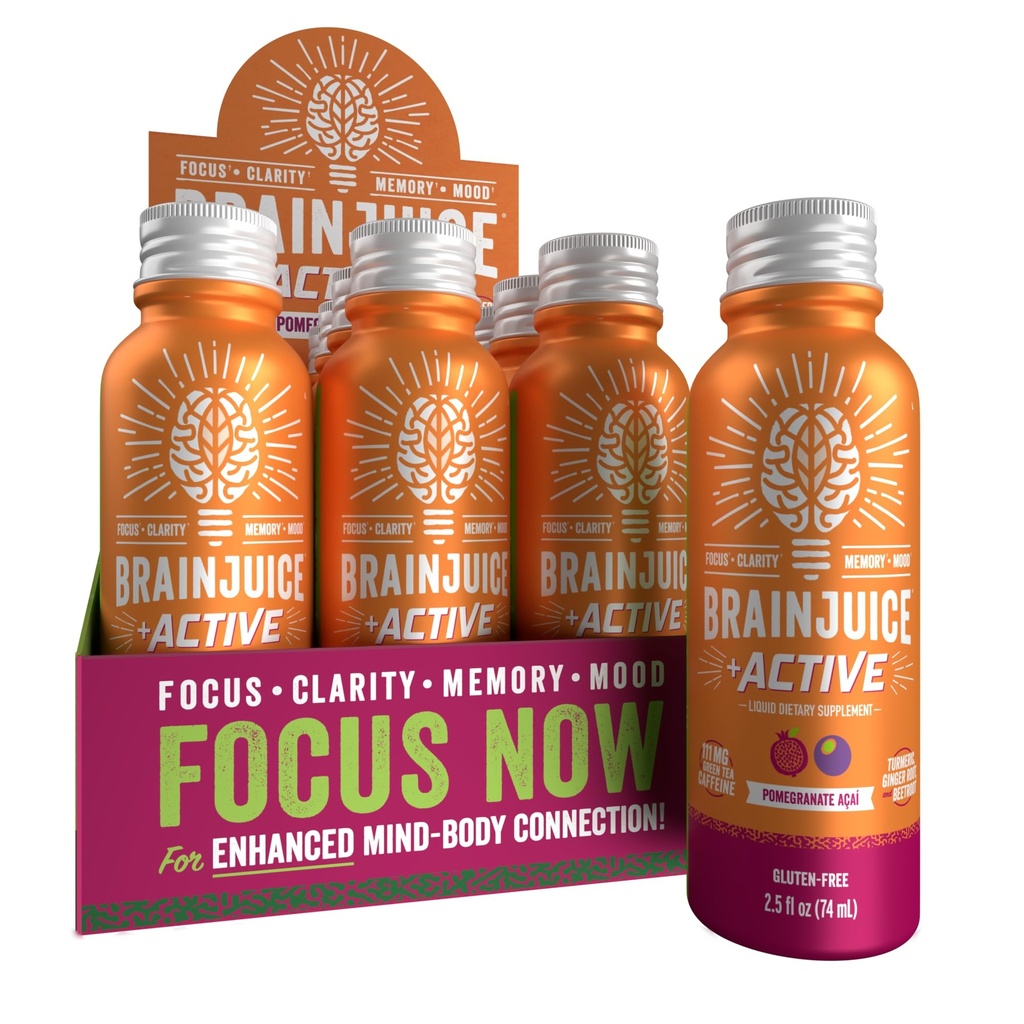 BrainJuice Active Focus & Energy Drinks, תומך ב- Endurance, Recovery & Clarity, Non-GMO, Gluten Free, Nootropics, Alpha GPC, B ויטמינים & תה ירוק אורגני, Pomegranate Acai, 2.5 oz, 12 Pack