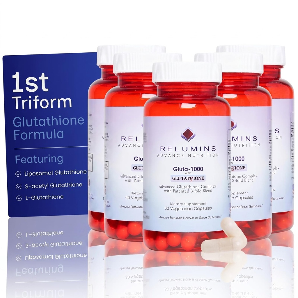 Relumins L Glutathione תוסף מורכב - מופחת Glutathione 1000 מ"ג עם Alpha Lipoic Acid & Rose HIPS קפסולות עבור Nourished & Smoother Skin, 60 Caps x 5 בקבוקים