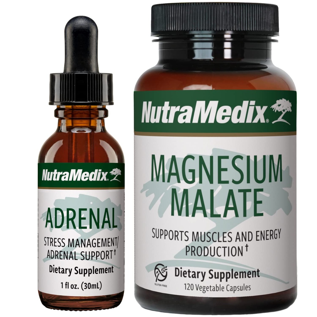 NutraMedix Energy Support Bundle - כולל טיפות נוזלי התמיכה של האנרגיה Adrenal ו Magnesium Malate קפסולות עבור אנרגיה ואתלטיקה תמיכה - No Caffeine - 2Piece