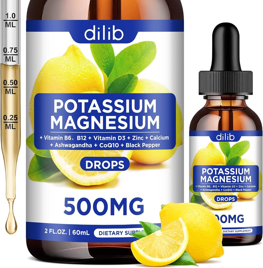 Potassium Magnesium Citrate תוסף, מגנזיום נוזלי Citrate טיפות 500 מ"ג עם Ashwagandha, Calcium, Zinc, ויטמין D3, B6, B12, CoQ10 - טבעוני 2 oz Lemon Flavor לימון
