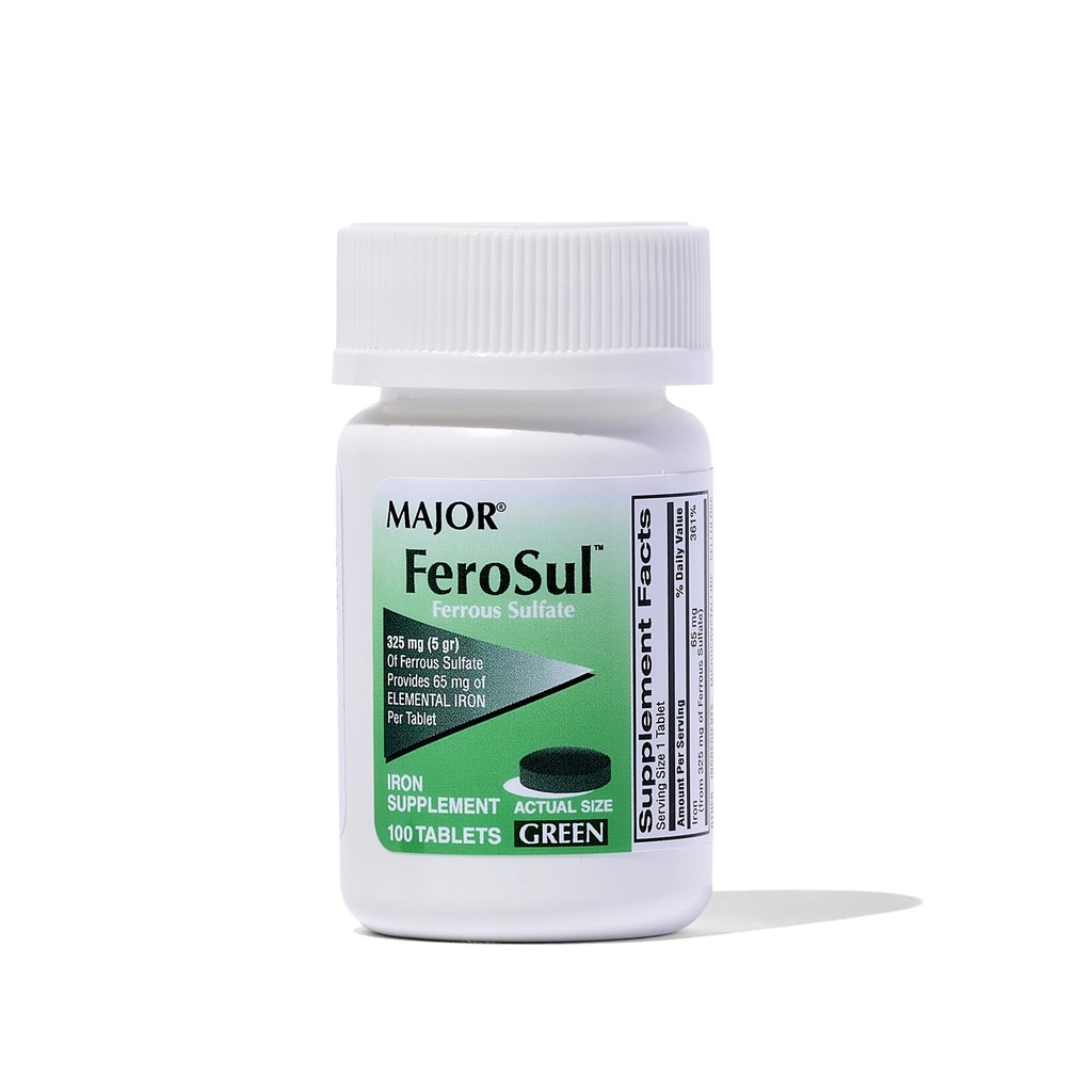 MAJOR FEROSUL 325MG (5GR) GREEN FERROUS SULFATE-325 MG Green 100 TABLES UPC 3090471824 על ידי תרופות גדולות