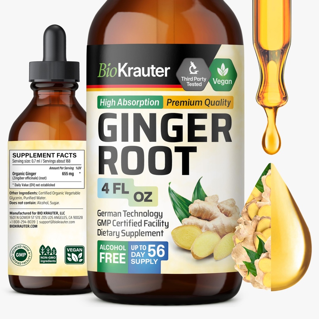 BIO KRAUTER ג'ינג'ר Root Extracts - תוספי ג'ינג'ר טבעיים לבריאות הכללית - אלכוהול וסוכר חינם - טבעוני טיפות 4 Fl.Oz.