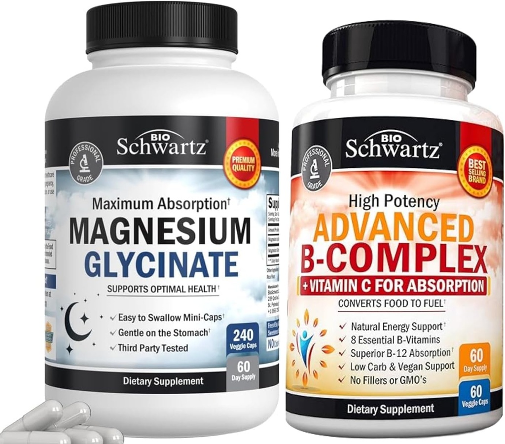 BioSchwartz High Absorption Magnesium Glycinate 500 מ"ג קפסולות (2 חודשים אספקה) פלוס ויטמין B מורכב עם ויטמין C (2 חודש אספקה)