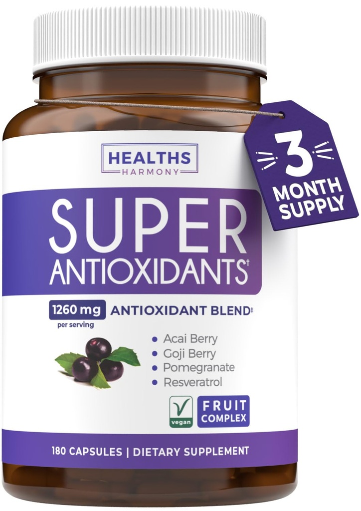 Super Antioxidants תוספת לנשים וגברים - High Potency Herbal & פירות תערובת עם Acai, Goji, Pomegranate, Elderberry & Resveratrol for Skin Care & Immune Support - טבעוני & Non-GMO - 180 קפסולות