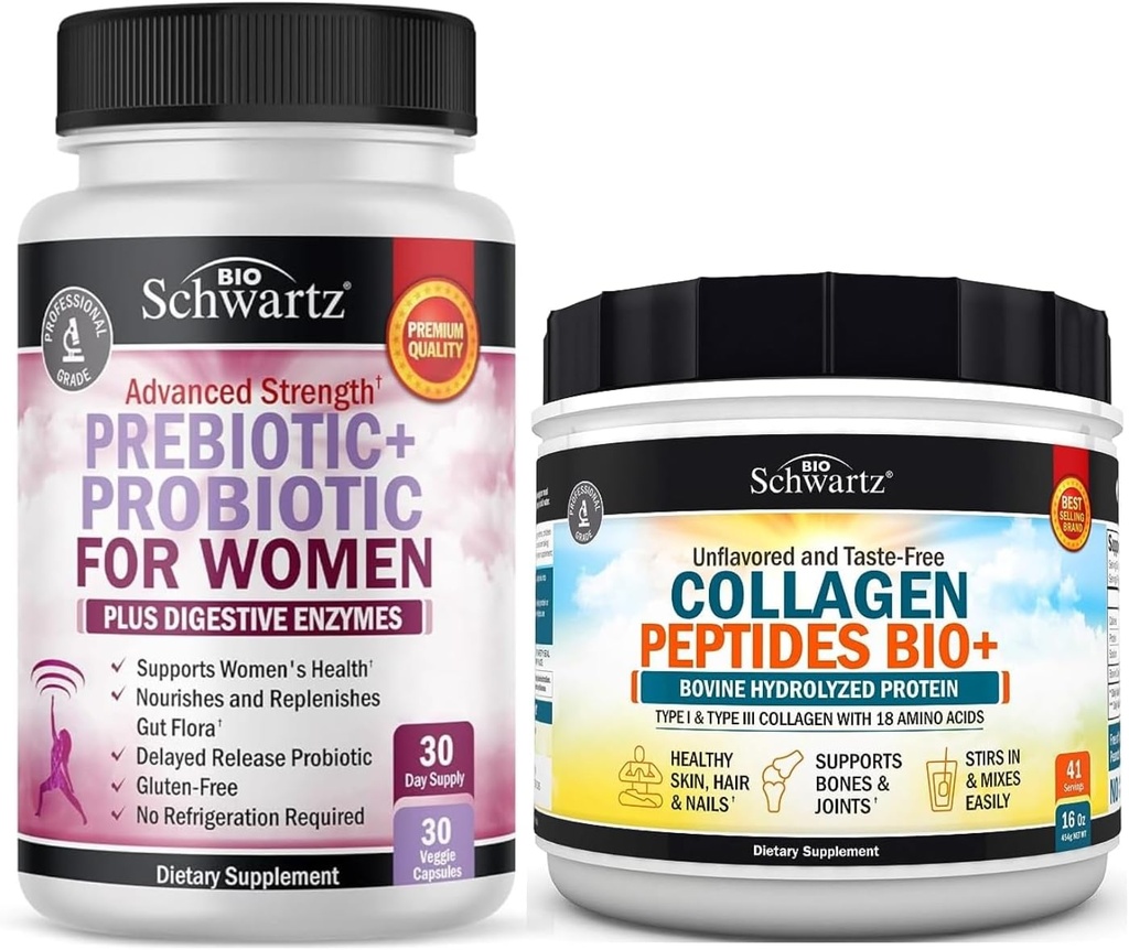 BioSchwartz hydrolyzed Collagen Peptides אבקת (40+ משרתים) פלוס Prebiotics ו Probiotics עם Enzymes for Women (1 חודש אספקה)