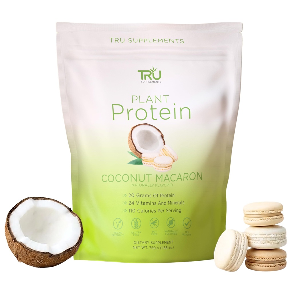 TRU תוספי אבקת חלבון מבוססת צמחי, BCAA, EAA, 20g טבעוני בראון אורז & פי חלבון, 100 קלוריות, 27 ויטמינים, לא פלאבומים מלאכותיים 25 משרתים (Coconut Macaron)