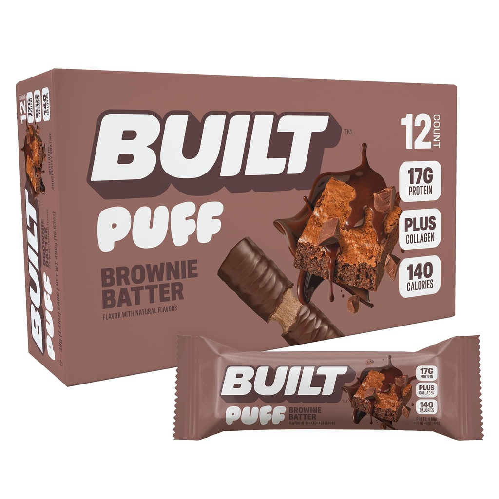 נבנה בר, Puff חלבונים Bars, Brownie Batter Puff, 17g חלבונים חטיפים, On-The-Go Bars, רק 140 קלוריות, 6g Sugar, Collagen, Gluten Free, 12 Count