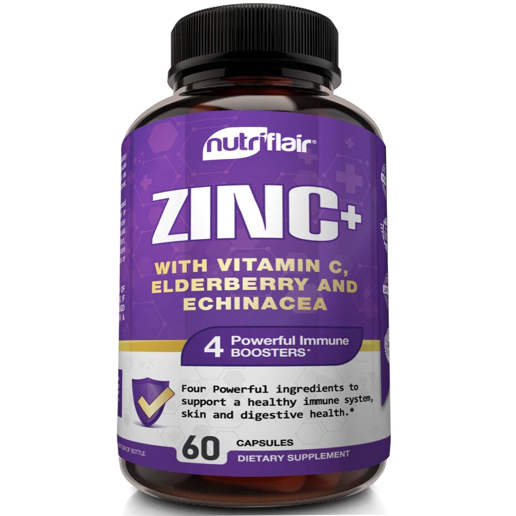 מזונות תזונתייםFlair Zinc 50 מ"ג - עם ויטמין C, Elderberry, Echinacea Purpurea לחלץ, Zinc Oxide - בהשוואה picolinate, Citrate, Oxide - Complete Immune Support Formula Pills עם 4 Immune Defense