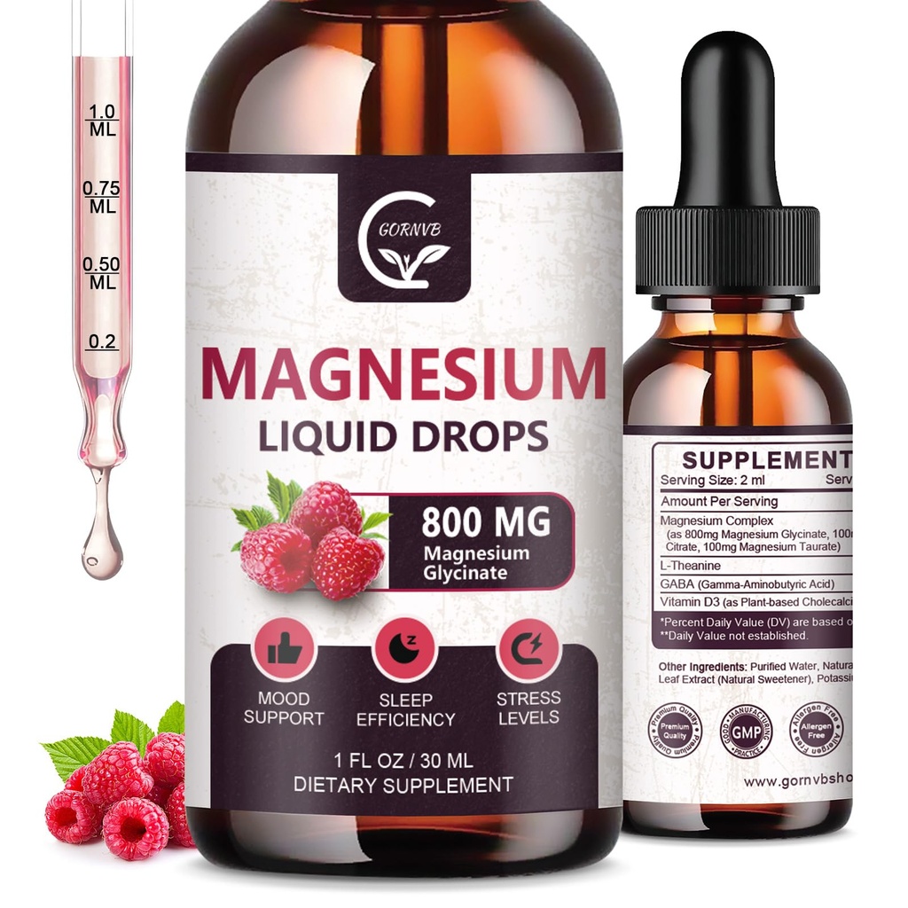 (2 Pack) Magnesium Glycinate נוזל טיפות | 1000 מ"ג נוזל Magnesium Complex with D3, L-thea & GABA עבור אנרגיה, שינה, עצב, עצבנות גבוהה, Raspberry Flavor